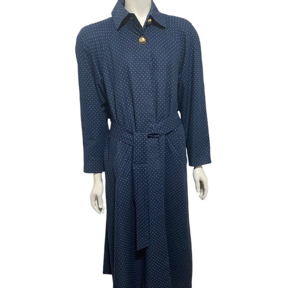 AQUASCUTUM Vintage Blue White Polka Dot H.M. Queen Elizabeth Trench Long Coat XL - Picture 11 of 12